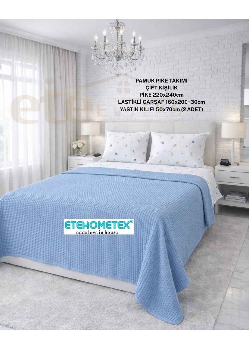 ETEHOMETEX ÇİFT KİŞİLİK %100 PAMUK HAVUZLU PİKE TAKIMI MAVİ 8696474232072